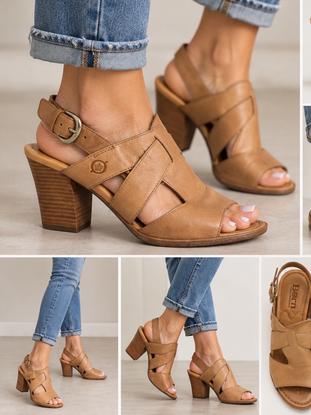 Børn “Elly” Leather Slingback Wedge Sandals Tan Cognac Women’s 8M D56941
